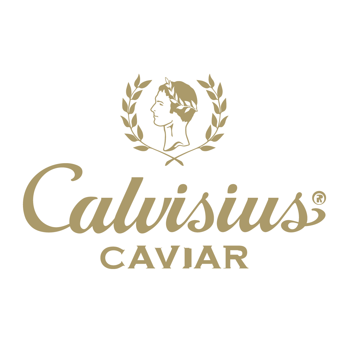 calvisius caviar logo in gold with grey backdrop