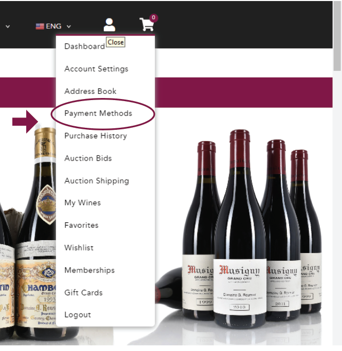 my accoubnt dropdown menu for Acker Wines